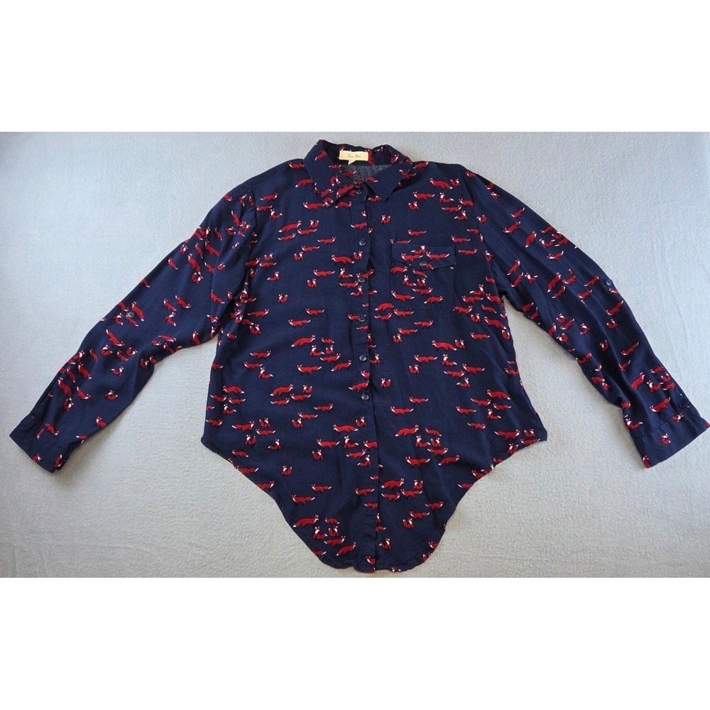 Red Fox Print Button Up Shirt Womens M Tie Front Roll Sleeve Novelty Woodland - Picture 3 of 9